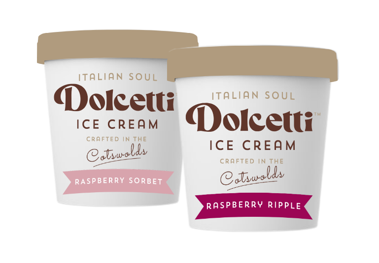 Two pots of Dolcetti. Raspberry Sorbet and Raspberry Ripple Ice Cream.